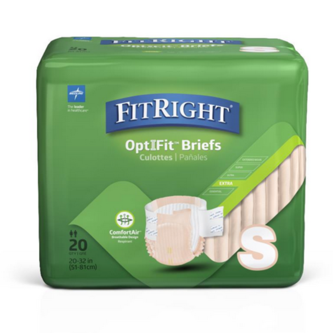 A green pack of FitRight Unisex Extra Incontinence Briefs, size S, holds 20 briefs. It includes a brief image and highlights ComfortAir technology with a wetness indicator for convenience, fitting waist sizes 20-32 inches (51-81 cm).